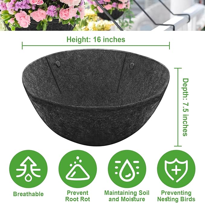Riare 8 Pack 16 Inch Round Fabric Planter Basket Liner- Hanging Basket Liners Replacement Coco Fiber Liner Alternative for Hanging Basket Flowers (Prevent Birds from Nesting)