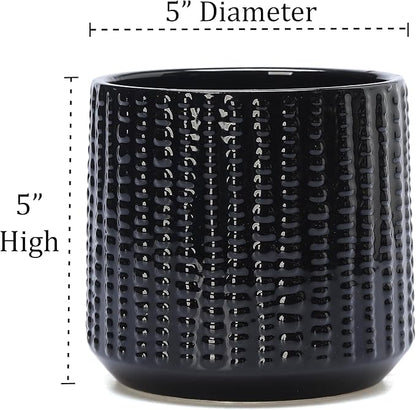 Arktiva Ceramic Planter Pot with Drainage Hole, 5 Inch Dia, Indoor and Outdoor, Home Patio Garden, Plants Flower Succulent, Textured Round (Black)