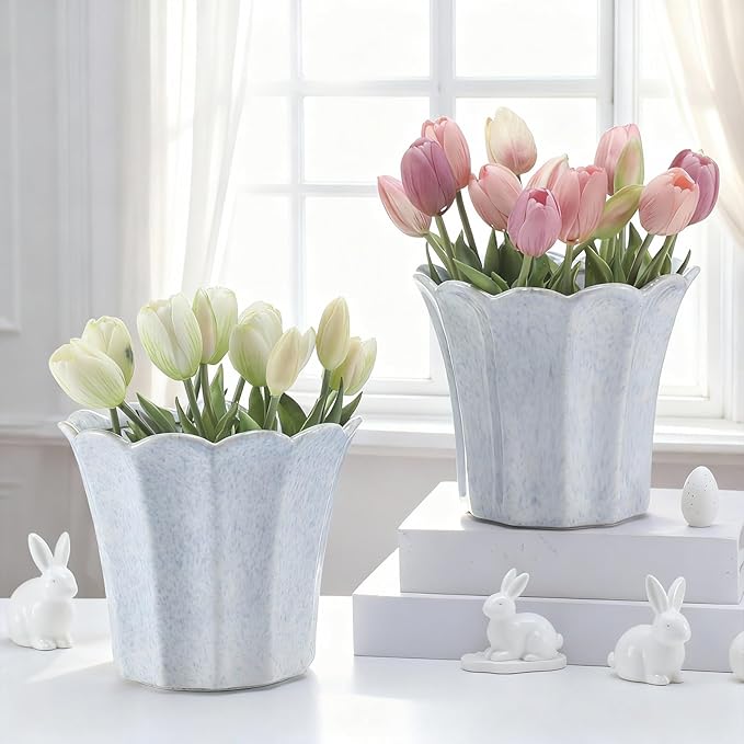 Honeydak 2 Pcs Fluted Ceramic Pots for Plants Indoor 7.5 x 6.5 Inches Spring Easter Scalloped Stylish Ceramic Planters Fluted Tulip Cachepots Blue Flower Pots Home Garden Patio Office Outdoor Planter