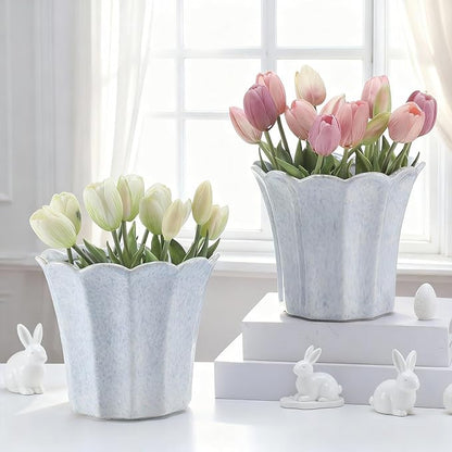 Honeydak 2 Pcs Fluted Ceramic Pots for Plants Indoor 7.5 x 6.5 Inches Spring Easter Scalloped Stylish Ceramic Planters Fluted Tulip Cachepots Blue Flower Pots Home Garden Patio Office Outdoor Planter