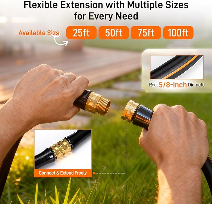 Garden Hose, 75ft 5/8" Heavy Duty Rubber Water Hose w/ 10-Mode Spray Nozzle, 550 PSI Burst, 360° Anti-Kink Swivel Connectors, All-Weather Flexible, Leakproof 3/4" Brass Male to Female Fittings