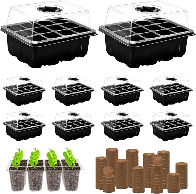 ZeeDix 10 Set Seed Starter Tray Kits, 10 Pack Seed Trays with 120 Pack Coco Coir Pellets, Adjustable Humidity Germination Tray with Dome Lids for Indoor Plants, Mini Greenhouse for Vegetables Garden