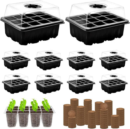 ZeeDix 10 Set Seed Starter Tray Kits, 10 Pack Seed Trays with 120 Pack Coco Coir Pellets, Adjustable Humidity Germination Tray with Dome Lids for Indoor Plants, Mini Greenhouse for Vegetables Garden