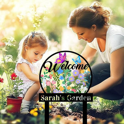 Personalized Multicolored Flowers Garden Sign with Stakes, Custom Metal Colorful Butterfly Flower Garden Stake Welcome Sign, Customized Text Outdoor Decor Yard Signs Plaque for Gardener Mom