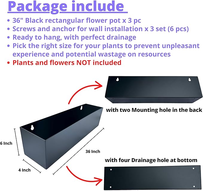 LaLaGreen Wall Planters for Outdoor Plants (36 Inch, 3 Pack) Carbon Steel Black Metal Hanging Flower Pot for Succulents, Wall Mount Rectangular Long Window Sill Box Balcony Fence Garden Deck Decor