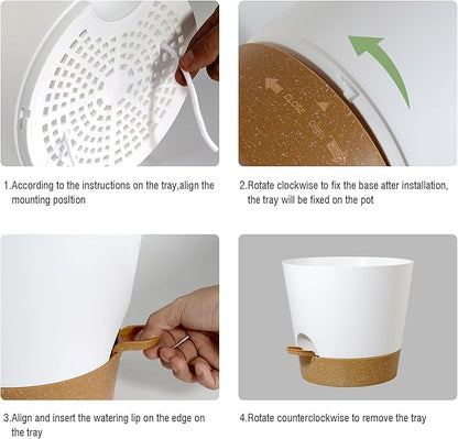 Self Watering Pots for Indoor Plants,12 inch Planters with Drainage Holes Plastic Flower Pots with Deep Reservoir, White with Brown