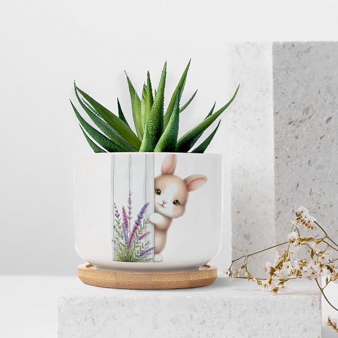DreamAutumn Easter Bunny Peeking Ceramic Pots for Plants with Drainage Holes Round Flower Pot Bamboo Tray Orchid Pot Succulents Pots for Outdoor Indoor Plants