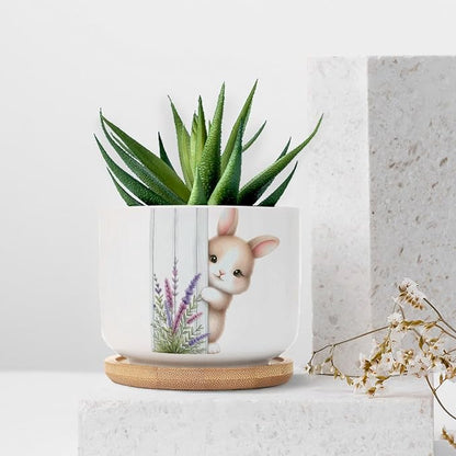 DreamAutumn Easter Bunny Peeking Ceramic Pots for Plants with Drainage Holes Round Flower Pot Bamboo Tray Orchid Pot Succulents Pots for Outdoor Indoor Plants