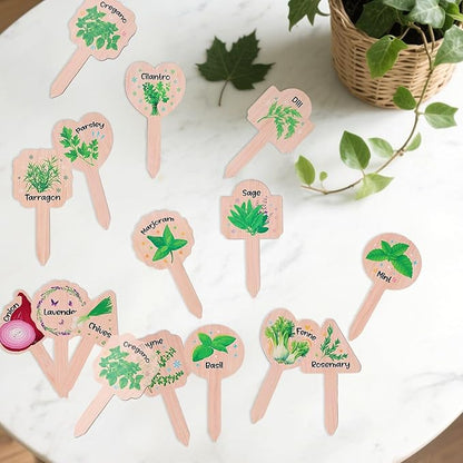 15pcs Plant Label Signs, 15 Style Waterproof Wood Herb Names Tags with Vivid Matching Patterns for Outdoor Garden Potted Plant Planting Enthusiasts Gifts