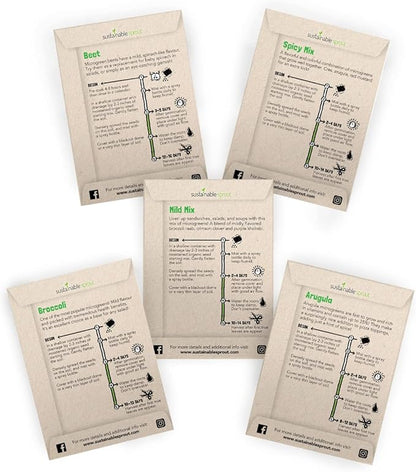 Microgreens Seeds Growing Kit: 5 Micro Green Variety Pack, Broccoli, Beets, Arugula, Spicy, Mild Mix, 100% Non GMO Sprouting Seeds, Organic Microgreen Seed Planting Indoor Garden by Sustainable Sprout