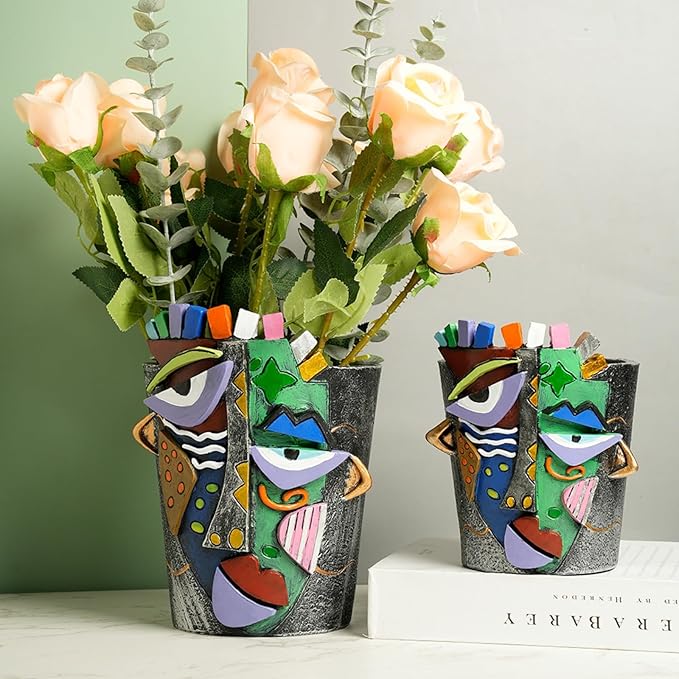 Picasso Face Planter Pots Abstract Art Colorful Flower Vase with Drainage Hole Unique Head Flower Pots for Home Balcony Decoration (S+L)