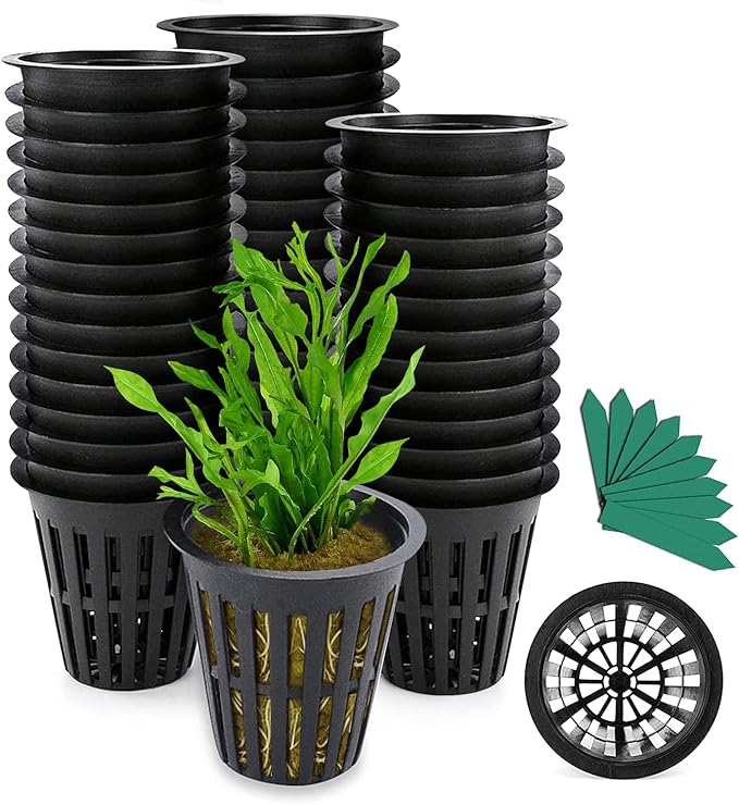 GROWNEER Net Pots 50 Pcs 2 Inch Garden Slotted Mesh Net Cups with 50Pcs Plant Labels, Heavy Duty Hydroponic Pot Supplies Planting Grow Basket for Indoor Outdoor
