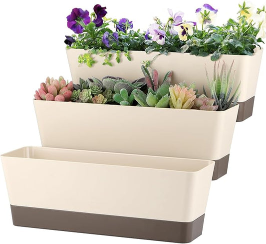 Window Box Planter with Tray, 12" Rectangle Plant Pot, Pack of 3 (Beige)