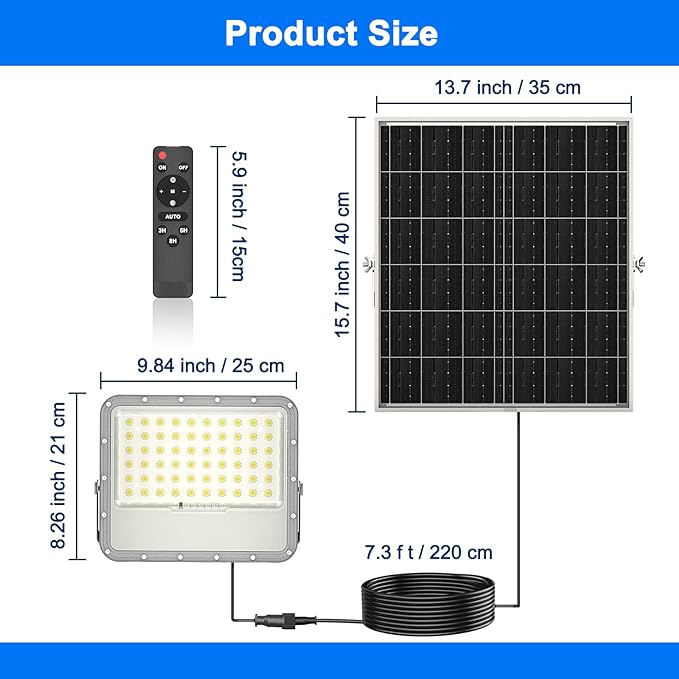 Solar Lights Outdoor LED Automatic Light with Battery, IP65 Waterproof Outside Solar Powered Security Flood Light and 8.2ft Cable with Remote Control for Pathway, Patio & Yard (200W)
