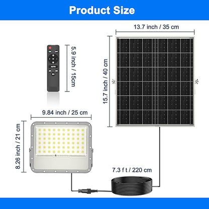 Solar Lights Outdoor LED Automatic Light with Battery, IP65 Waterproof Outside Solar Powered Security Flood Light and 8.2ft Cable with Remote Control for Pathway, Patio & Yard (200W)
