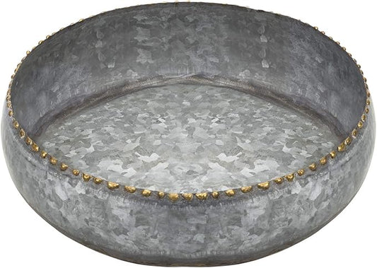 MyGift 11-inch Galvanized Silver Metal Round Planter Bowl with Brass-Tone Pebbled Rim - Handcrafted in India