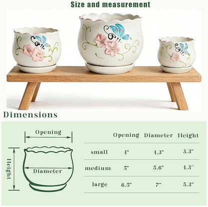 Vintage Flower Pots for Indoor Plant, Round Ceramic Plant Pots with Drainage Holes and Saucers, 6.7/5.2/3.9 Inches Retro Flower Planters Set of 3 (Vintage Butterfly)