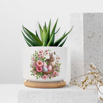 Vintage Easter Bunny with Pink Flower Ceramic Planters Ceramic Pots With Saucers Orchid Pots for Plants Succulents Pots Office Desk Garden Balconys New Home Decor,Gifts for Mom Mother Grandmother