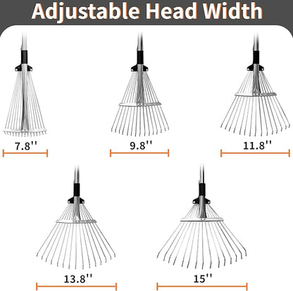 2 Packs Garden Rake for Leaves – Heavy Duty Metal Leaf Rake for Lawns with Adjustable Handle (33"-69") & Expandable Head (8"-15") – Durable for Lawn, Shrub, Garden Beds – Essential Gardening Tools