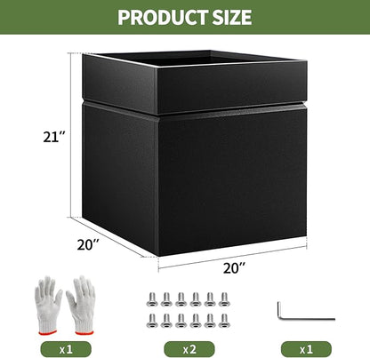 Matel Planter Box 20" L x 20" W x 21" H, Cube Heavy Duty Powder Coating Steel Planters with Drainage Hole, Indoor Outdoor All-Weather Use for Home, Porch, Patio, Garden(Black)