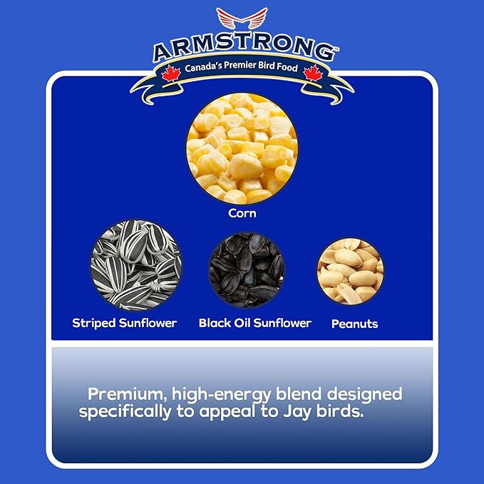Armstrong Wild Bird Food Royal Jubilee Jays Blend, 4 Pounds - with Whole Corn, Striped Sunflower, Black Oil Sunflower and Peanuts for Blue Jays - Ideal for Outside Feeders