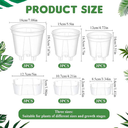 9 Piece Self Watering Pots with Drainage Holes and Deep Reservoir Clear Flower Pots Flexible Plastic Planter Pot for Indoor/Outdoor Plants(4.7'', 5.9'' and 7'')