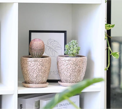 4 Inch Mini Plant Pots, Ceramic Succulent Planter with Drainage Hole and Saucers for Indoor Plants, Small Garden Pots for Succulent, Herb and Flower, Set of 4