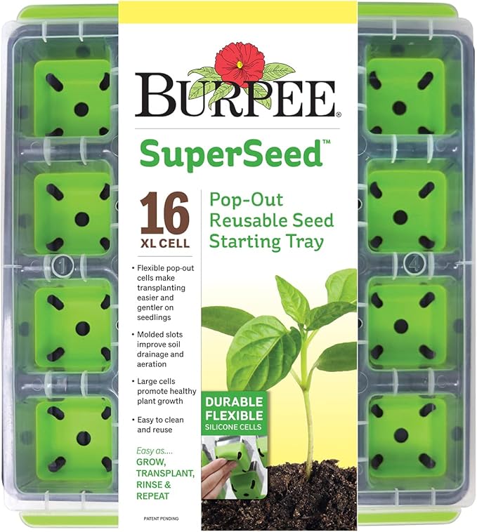 Burpee SuperSeed Seed Starting Tray | 16 XL Cell | Reusable & Dishwasher Safe &, 9 Quarts | Premium Organic Potting Natural Soil Mix Food Ideal for Container Garden-Vegetabl