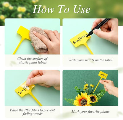 Marsui 202 Pcs Large Plant Labels Kit, Include 100 Outdoor Plastic Plant T Type Tags Waterproof Reusable Plant Markers Stakes, 100 PET Films and 2 Marker Pens for Herbs Pot (Yellow,6 Inch)