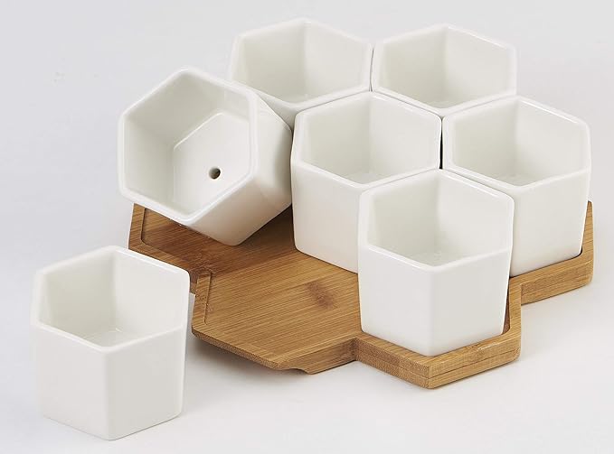 FLOWERPLUS Planter Pots Indoor, 7 Pack 2.75 Inch Modern White Ceramic Small Hex Succulent Cactus Flower Plant Pot with Bamboo Tray for Indoors Outdoor Office Home Garden Kitchen Decor (Hexagon)
