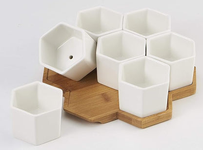 FLOWERPLUS Planter Pots Indoor, 7 Pack 2.75 Inch Modern White Ceramic Small Hex Succulent Cactus Flower Plant Pot with Bamboo Tray for Indoors Outdoor Office Home Garden Kitchen Decor (Hexagon)