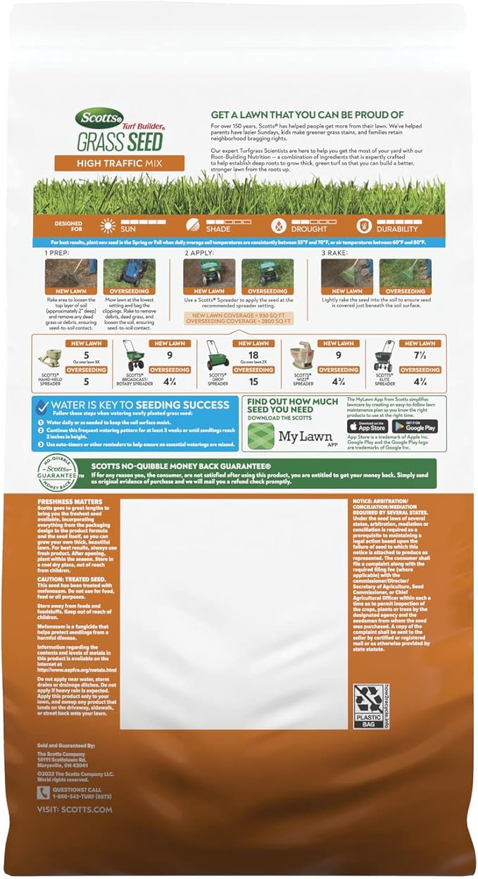 Scotts Turf Builder Grass Seed High Traffic Mix with Fertilizer and Soil Improver, Self-Repairs, 5.6 lbs.