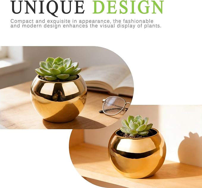 Gold Spherical Ceramic Plant Pots Succulent Small Planter Indoor Modern Round Decorative Indoor-Outdoor Garden Plant Pots with Drainage Holes - Plants Not Included 3.94 x 3.94 x 3.15 Inch