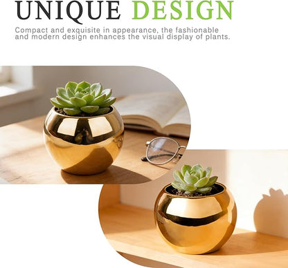 Gold Spherical Ceramic Plant Pots Succulent Small Planter Indoor Modern Round Decorative Indoor-Outdoor Garden Plant Pots with Drainage Holes - Plants Not Included 3.94 x 3.94 x 3.15 Inch