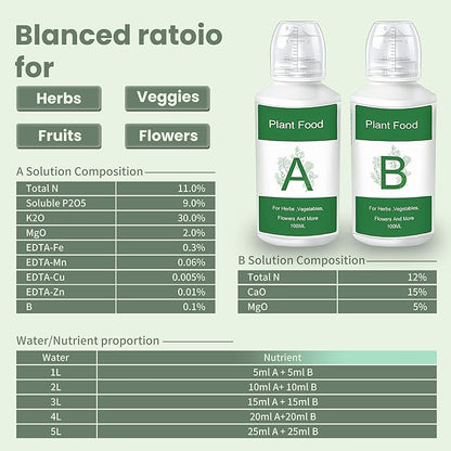 Hydroponics Nutrients (200ml), Hydroponic Plant Food, A & B Hydroponic Plant Fertilizer for Indoor Hydroponic Systems, Vegetables, Fruits, Flowers