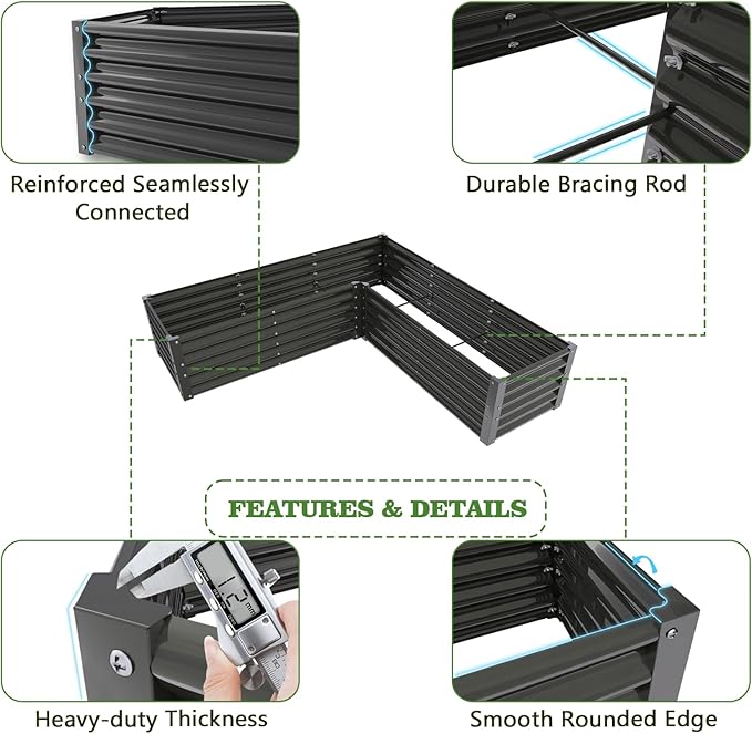 A ANLEOLIFE 8-Piece 18 Inch Tall Quartz Grey Raised Garden Beds Kit, L-Shaped & Square Metal Planters –Ideal for Structured Backyard Layouts.