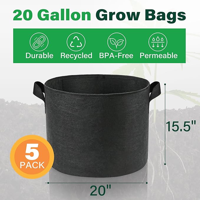 LotFancy 5-Pack 20 Gallon Grow Bags, Thickened Nonwoven Fabric Pots with Reinforced Handles, Heavy Duty 300G Aeration Planter Bags for Vegetables Flowers Fruits, Black