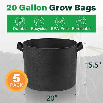 LotFancy 5-Pack 20 Gallon Grow Bags, Thickened Nonwoven Fabric Pots with Reinforced Handles, Heavy Duty 300G Aeration Planter Bags for Vegetables Flowers Fruits, Black