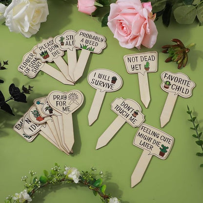 15pcs Garden Plant Markers, Wooden Plant Labels Tab Funny Plant Signs with Stake, Interesting Words & Cute Patterns Garden Tags Labels for Outdoor Indoor Patio Supplies Novelty Gifts