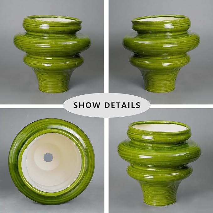 Ceramic Pot for Plants 11 Inch - Plant Pot for Indoor Outdoor, Decorative Bonsai Planter with Drainage Hole, Flower Pots for Office, Gift for Men Women, Green