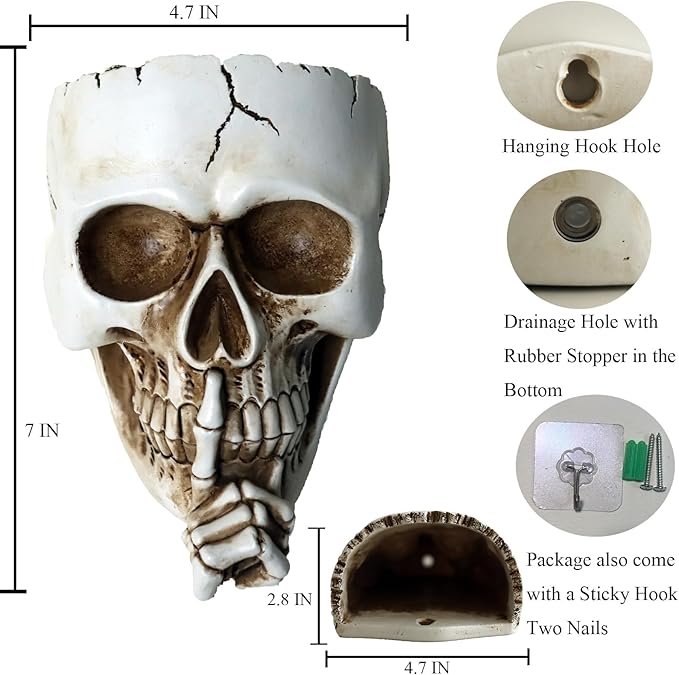 Skull Wall Planter for Indoor Outdoor Plants, Hanging Skull Vase Unique Face Flower Pot Head Planters, White Resin Skeleton Gothic Planter for Home Decorations