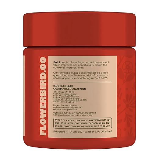 Flowerbird Soil Love – Premium Plant Food & Plant Fertilizer | Humics, Cold-Pressed Kelp & Fish Hydrolysate | Bio-Active Soil Amendment for All Plants | Pet Safe | NPK 2-1-4 (4 oz) - for 30 Gallons