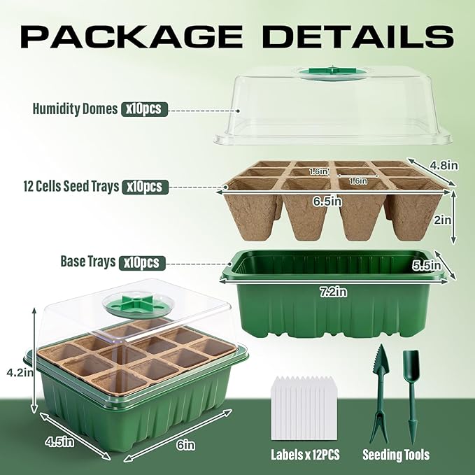 Seed Starter Tray Kit 10 Pack, Seed Starting Trays with Humidity Dome (120 Cells Total), Plant Germination Trays Complete Mini Greenhouse for Seed Growing & Seedlings