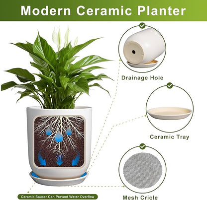 Plant Pot 8 Inch - Ceramic Planter for Indoor Plants Outdoor, Large Plant Pot with Drainage Hole and Saucer, Modern Flower Pot, White