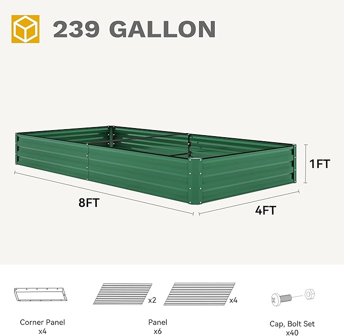 DWVO 2pcs 8 x 4 x 1 FT Raised Garden Bed Kit, Outdoor Galvanized Flower Bed with Safety Rubber and Gloves, Large Metal Planter Box for Vegetables, Flowers, Herbs, Fruits, Green