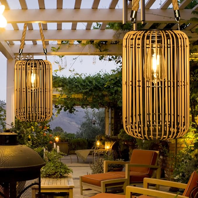 Livinlarge Solar Lantern Outdoor Waterproof,Large Rattan Lantern Outdoor Hanging with Handle,Bright Solar Lights with Edison Bulb for Garden Patio Yard Tabletop Decoration