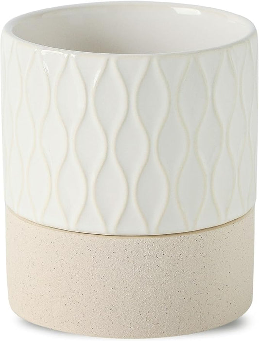 Nihow Self Watering Plant Pot for Indoor Plants: 6 Inch Ceramic Planter with Drainage Hole & Water Storage Plus - Cylinder Flower Pot with Wick for Herbs - Cream White & Brown Net