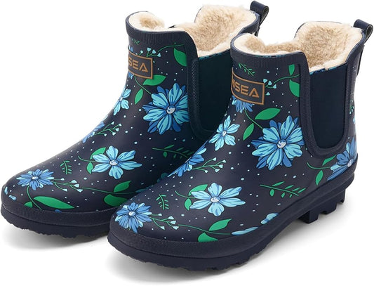 HISEA Women's Plush Rain Boots Waterproof, Chelsea Rubber Booties Women, Ladies Ankle Snow Boots for Winter Spring Garden Outdoor