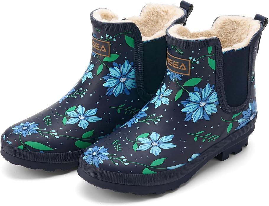 HISEA Women's Plush Rain Boots Waterproof, Chelsea Rubber Booties Women, Ladies Ankle Snow Boots for Winter Spring Garden Outdoor