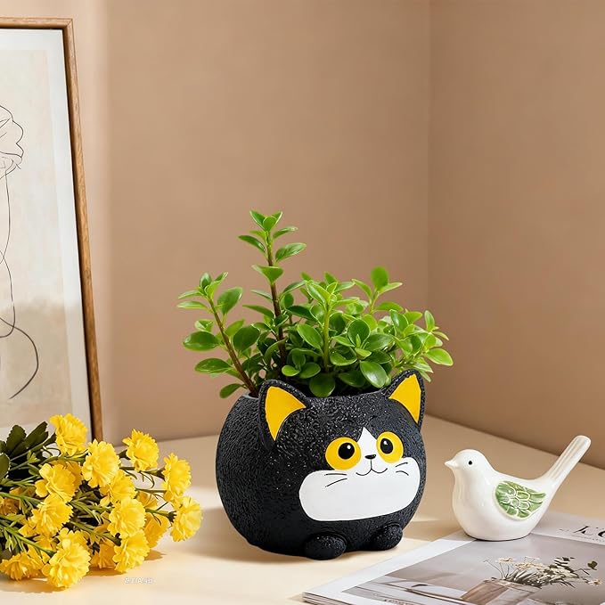 Black Cat Planter Pot - Unique Resin Succulent Planter with Drainage Hole, Funny Cat Plant Pots for Indoor Outdoor Plants, Cute Decorative Flower Pot Gift for Mother and Cat/Plant Lovers